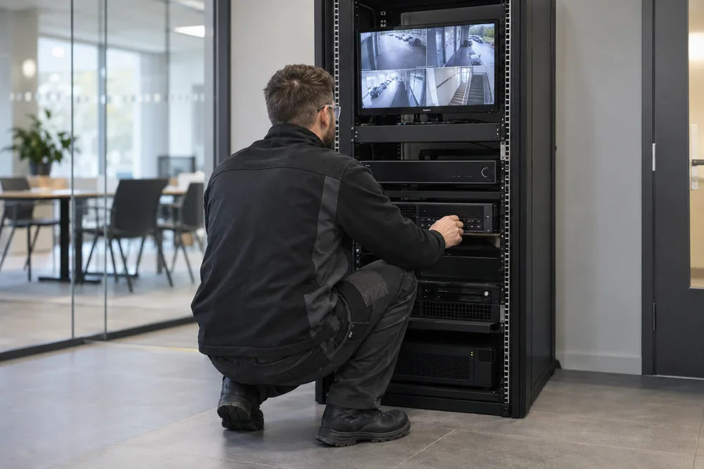 Technician inspecting accessible recording equipment in a business equipment rack