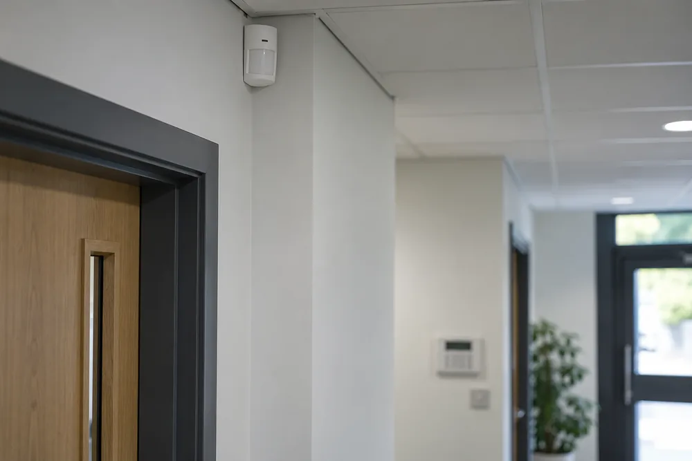 Passive infrared intruder detector fitted high in a business corridor