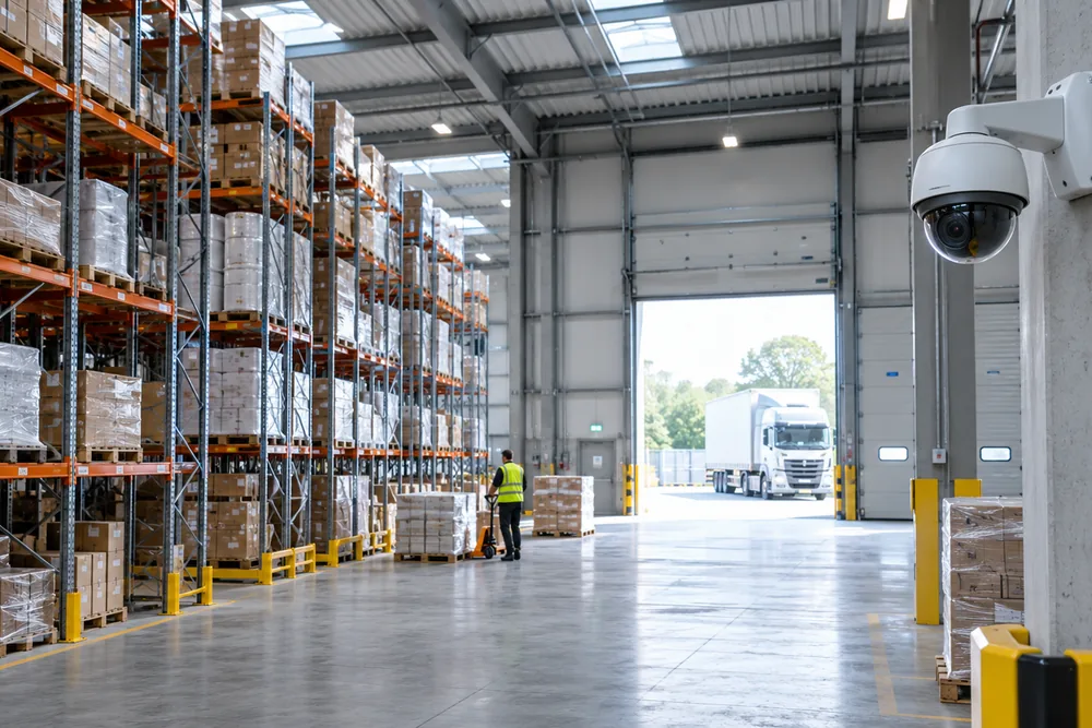Dome CCTV camera overlooking a warehouse aisle and loading bay